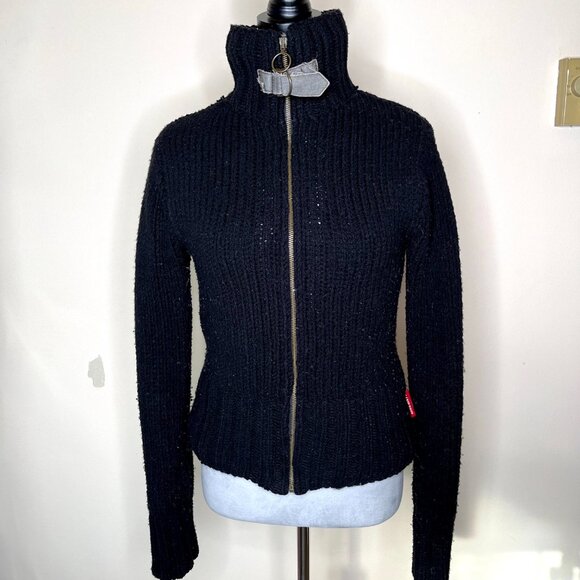 Miss Sixty Faux Fur Lined Sweater Jacket Size Medium Black Gray Wool Thermal S - Picture 4 of 11